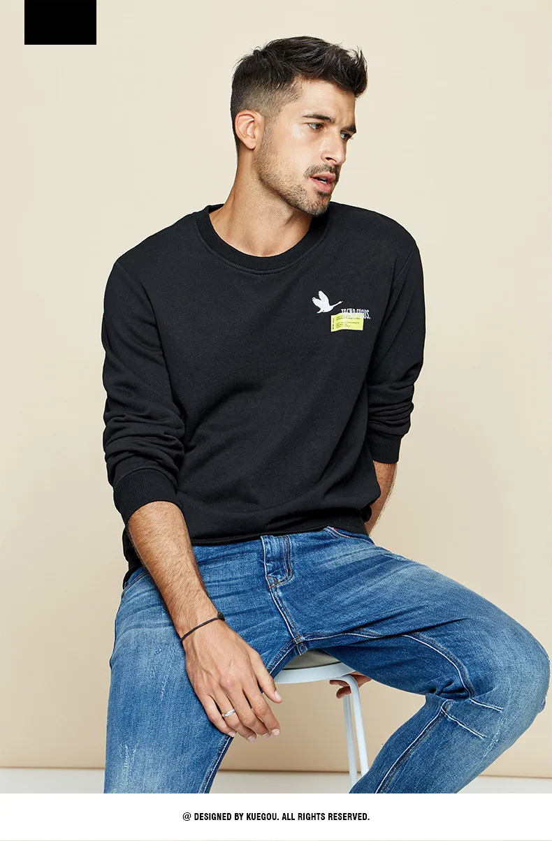 KUEGOU Autumn Cotton Embroidery Print Black Sweatshirt Men Fashion Japanese Streetwear Hip Hop Male Brand Clothes 2269
