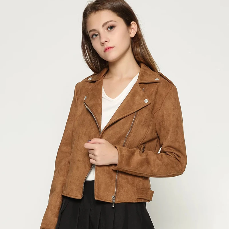 

Elegant 2019 Autumn Women Faux Suede Leather Biker Jackets Long Sleeve Zipper Suede Coat Streetwear Brown Autumn Outfit Outwear
