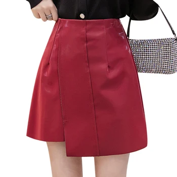 

Casual Pu Leather Skirts Autumn Irregular Hem Mini Short Skirts Streetwear Fashion Girls Women Skirt Black Pink Yellow Wine-Red