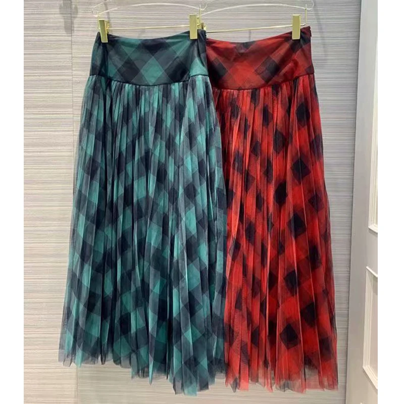 

9.16 2019 Early Autumn New temperament women elegant empire voile double-deck Gradient plaid print pleated skirt