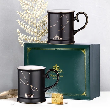 

12 Constellations Ceramic Mugs Creative Mugs with Spoon Black and Gold Porcelain Coffee Cup Drinkware