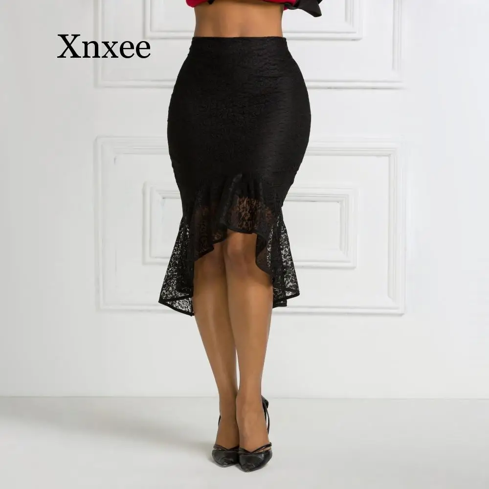 

Women Black Lace Skirt High Waist Slim Midi Modest Classy Irregular Length Female Package Hip Jupes Falad Office Elegant Fashion