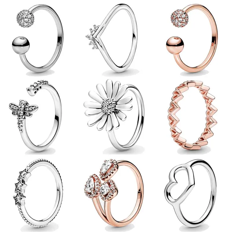 Mejor precio Anillo de Plata de Ley 925 con diseño de margaritas para mujer, sortija con diseño de margaritas, corazones de mano libre, estrellas celestales, joyería de moda DIY, 1:1 6Q5m6Jj6q