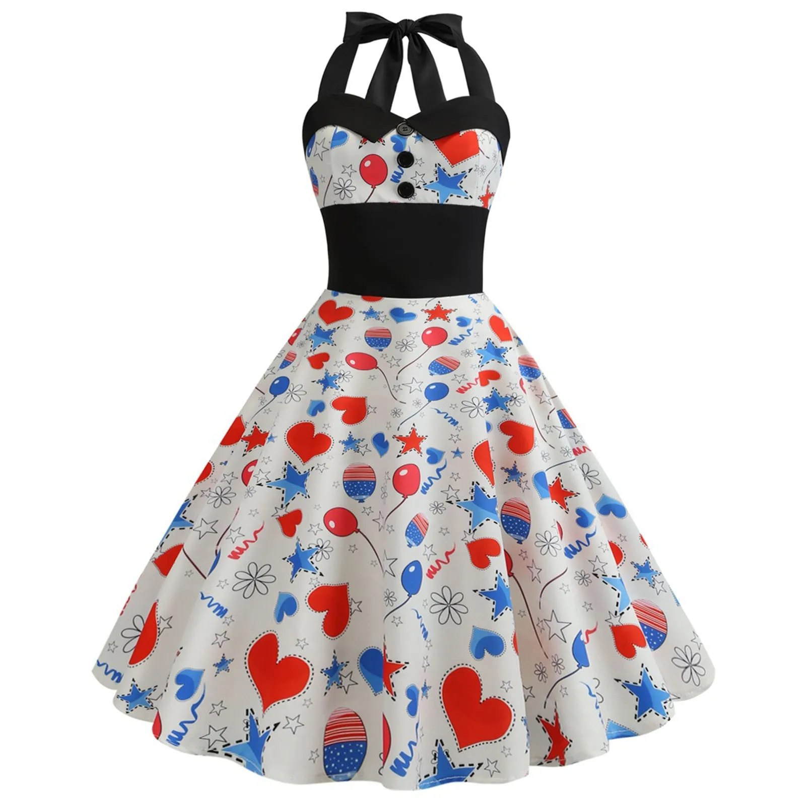 2021 Women's Sleeveless Independence Day Black Ribbon Waist Gathering Big Hem Dress Party Dating Clothes knee length Vestido 3