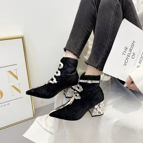 

Bootee Woman 2019 Shoes Lady Boots Snake Print Luxury Designer Lace Up Martins For Women Ladies Fashion Pointy High Heel Ankle