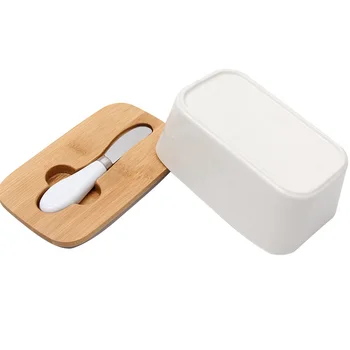 

Plate Container Nordic Style Kitchen Butter Box Sealing With Wood Lid Food Dish Ceramic Keeper Tool Cheese Storage Tray