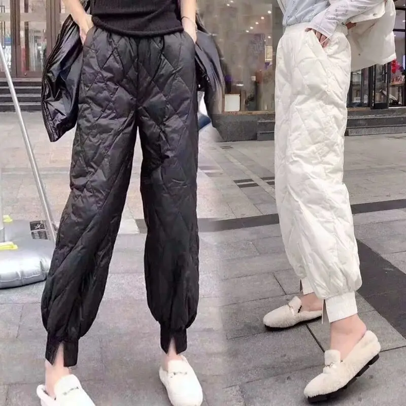 

Light down cotton pants 2020 autumn and winter New Fashion diamond pattern small feet split straight Joker casual pants women