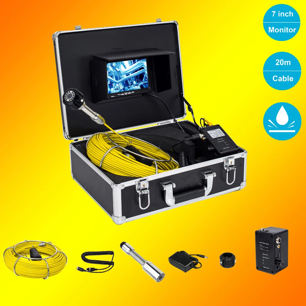

Factory Price 20m Cable Waterproof 23MM Camera Head 7 Inch Drain Pipe Sewer Inspection Camera System With 12Pcs LED Lights