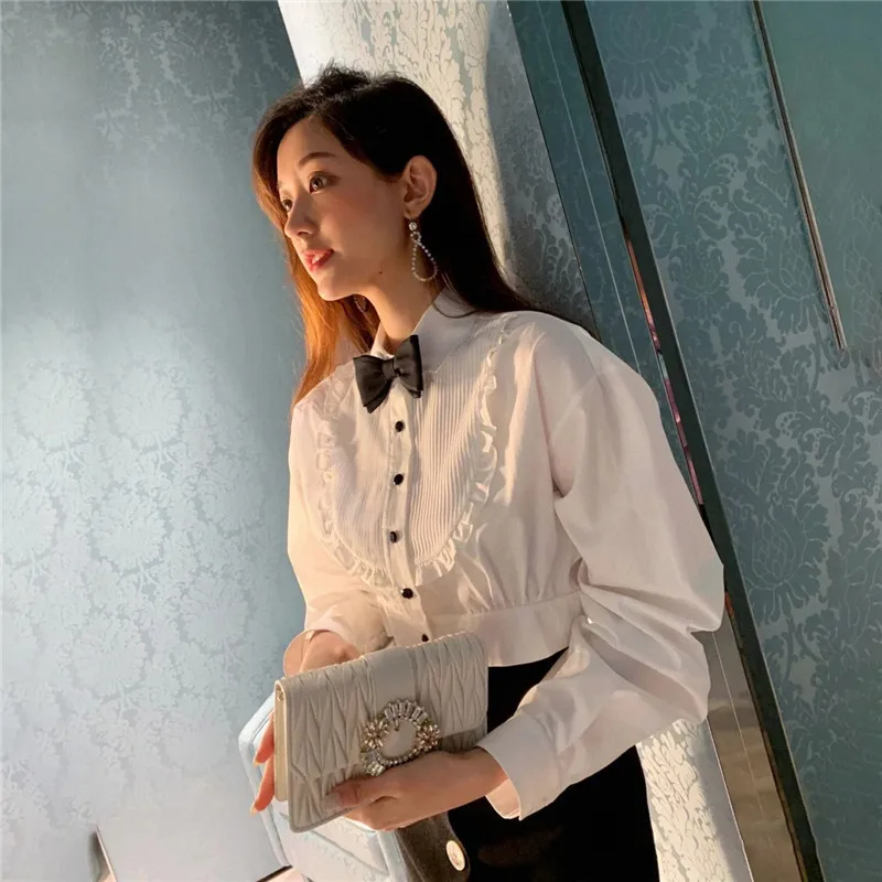 Camisa con botones blancos para Mujer, Tops con solapa nueva, camisa blanca con lazo Tops para Mujer, camisa manga larga, Camisas de Mujer 2021 - AliExpress