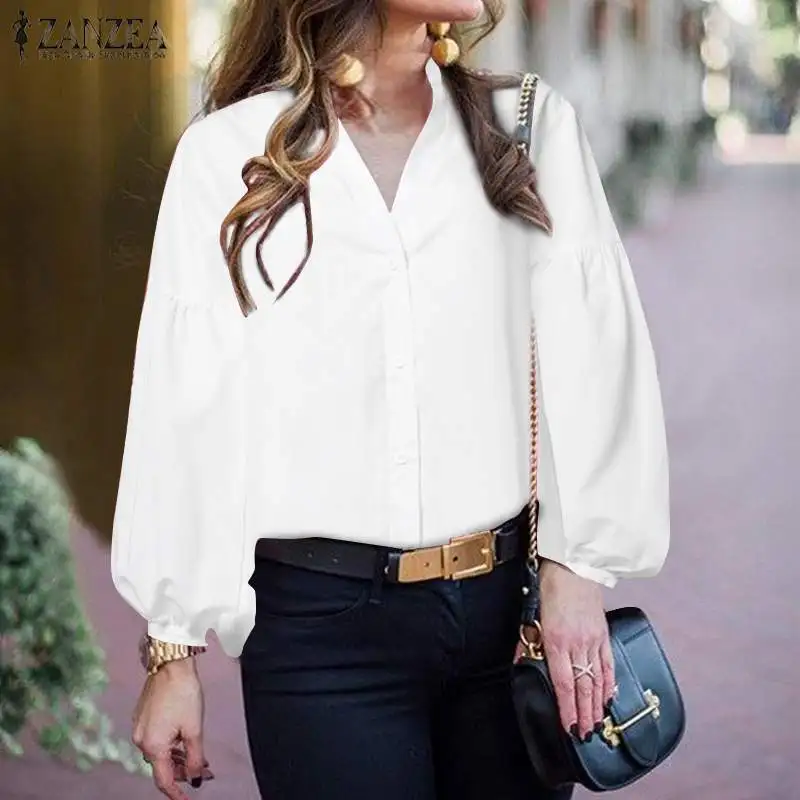 

Elegant Puff Sleeve Shirts Women's Spring Blouse 2020 ZANZEA Casual V Neck Blusas Female Solid Work Tops Plus Size Tunic 5XL