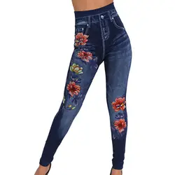 Oeak модные тонкие женские леггинсы цветочный принт форма-карандаш искусственная лосины из джинсовой ткани повседневная женская одежда