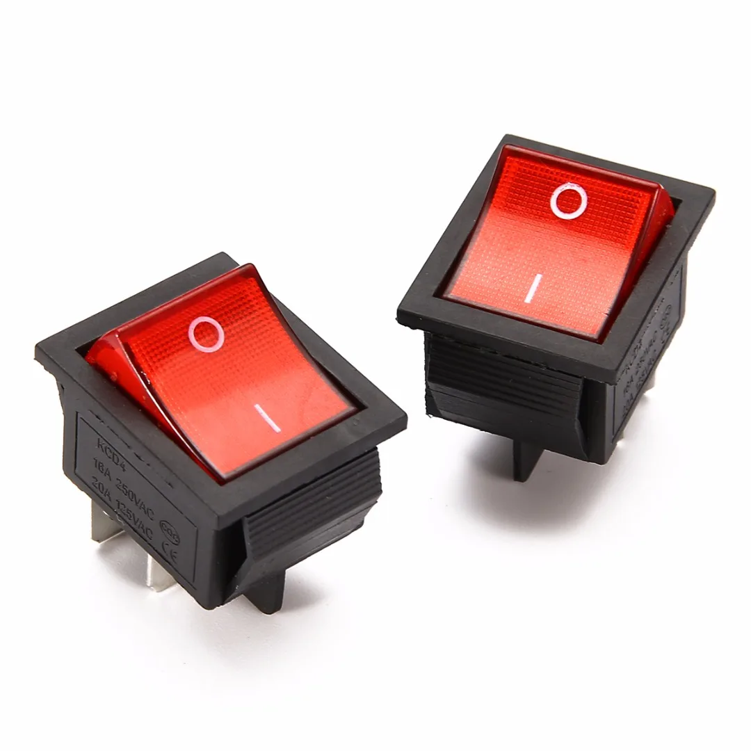 5pcs 2 Position Red Light Rocker Switch 16A/250V KCD4-20 4 Pin ON/OFF Toggle Switches  35 x 25.5 x 10mm