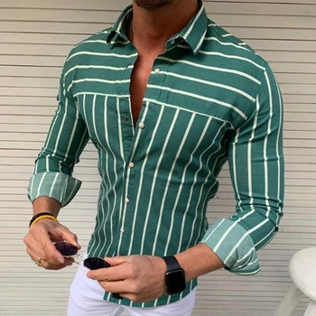 

Striped Print Long Sleeve Casual Shirt Turndown Collar Vacation Male Social Business Tops Camisa Social Masculina Blusa