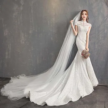 

Chinese Vintage Embroidery Style Girls Wedding-Dress Sexy Backless Long Train Bride-Gowns Short Sleeves Bridal Dress