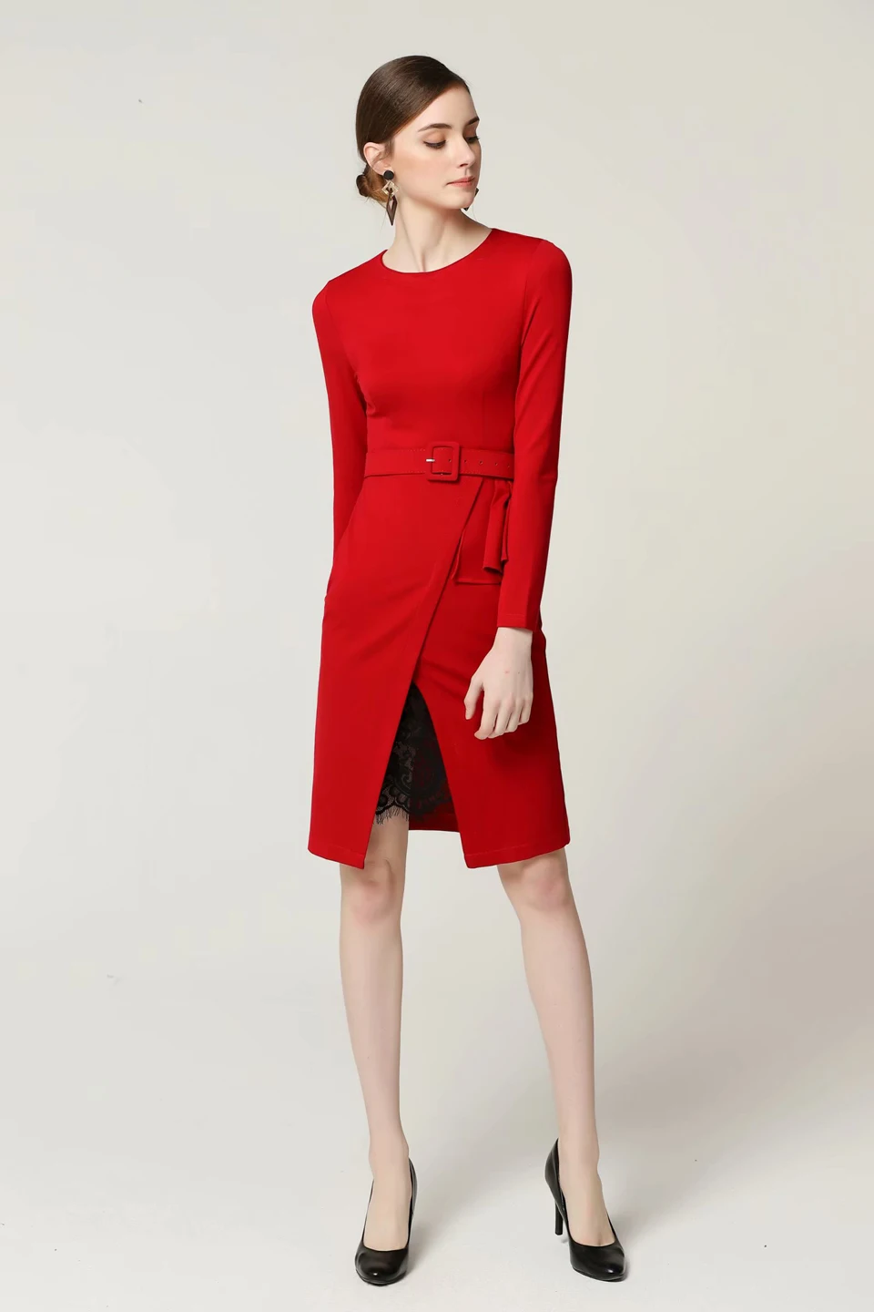 Красное Кружевное сексуальное платье с разрезом и поясом, с оборками, в английском стиле, с длинным рукавом, весна и осень, Новые облегающие Вечерние платья высокого качества для женщин