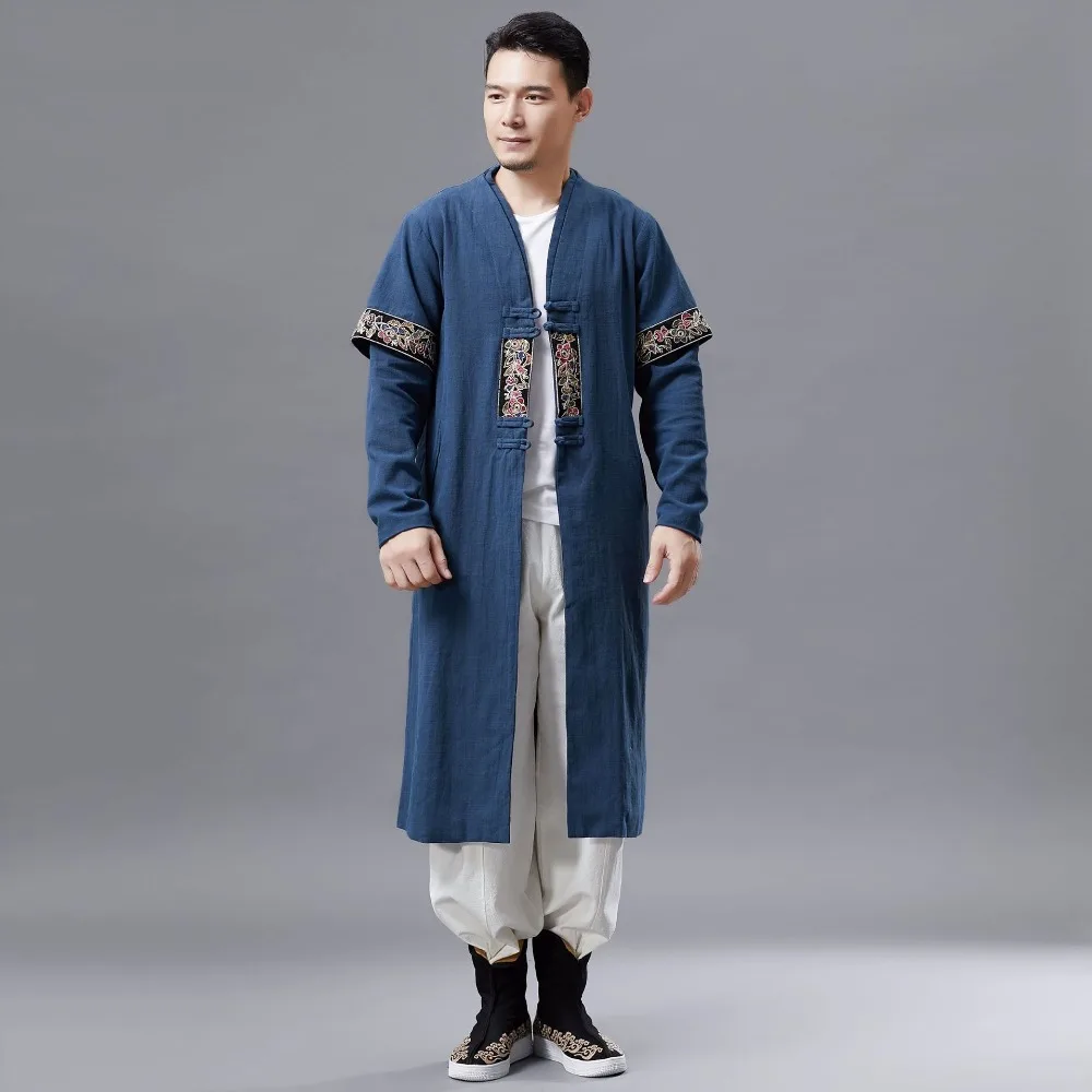 LZJN 2019 Men Autumn Trench Coat Cotton Linen Longline Long Sleeve Jacket Chinese Frog Buttons Outfit Overcoat with Pockets (8)