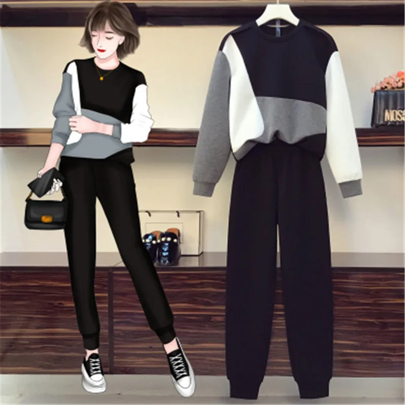 

High Quality 2020 Autumn Winter Female Tracksuit Two Piece Set Chic Long Sleeves Pullover And Casual Pantst Suit OL Lady Outfits