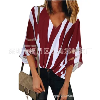 

2020 New Style European And American Women's Top Hot Selling V-neck Mesh Panel Bell Sleeve Striped Printed Shirt
