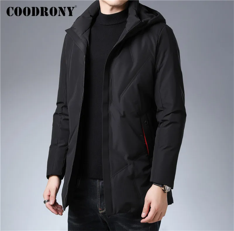 Бренд COODRONY, куртка на утином пуху, Мужская одежда, новинка, зимние толстые теплые длинные куртки, повседневное пальто с капюшоном, мужская верхняя одежда на молнии 98031
