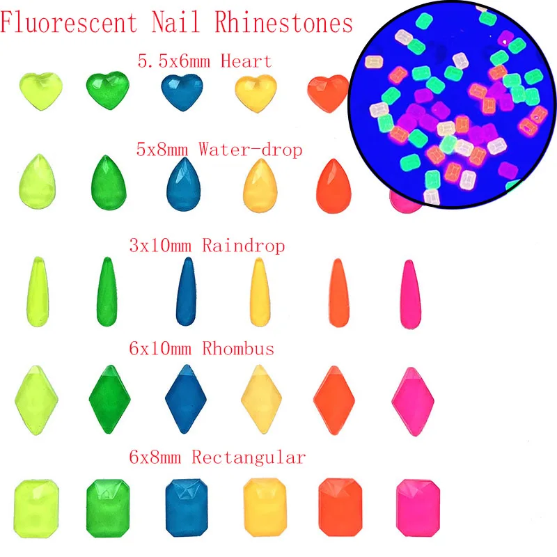 

Wholesale Crystals 1000pcs Nail Art Fluorescent rhinestone Drop/Heart/Rectangular/ Rhombus/ Raindrop Flatback for DIY Nails