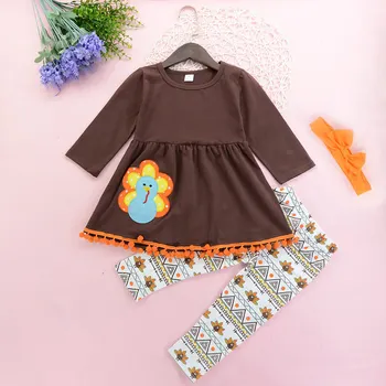 

3 Pcs Thanksgiving Baby Clothing Infant Girl Top Dress +Leggings+Headbands Baby Outfits Set