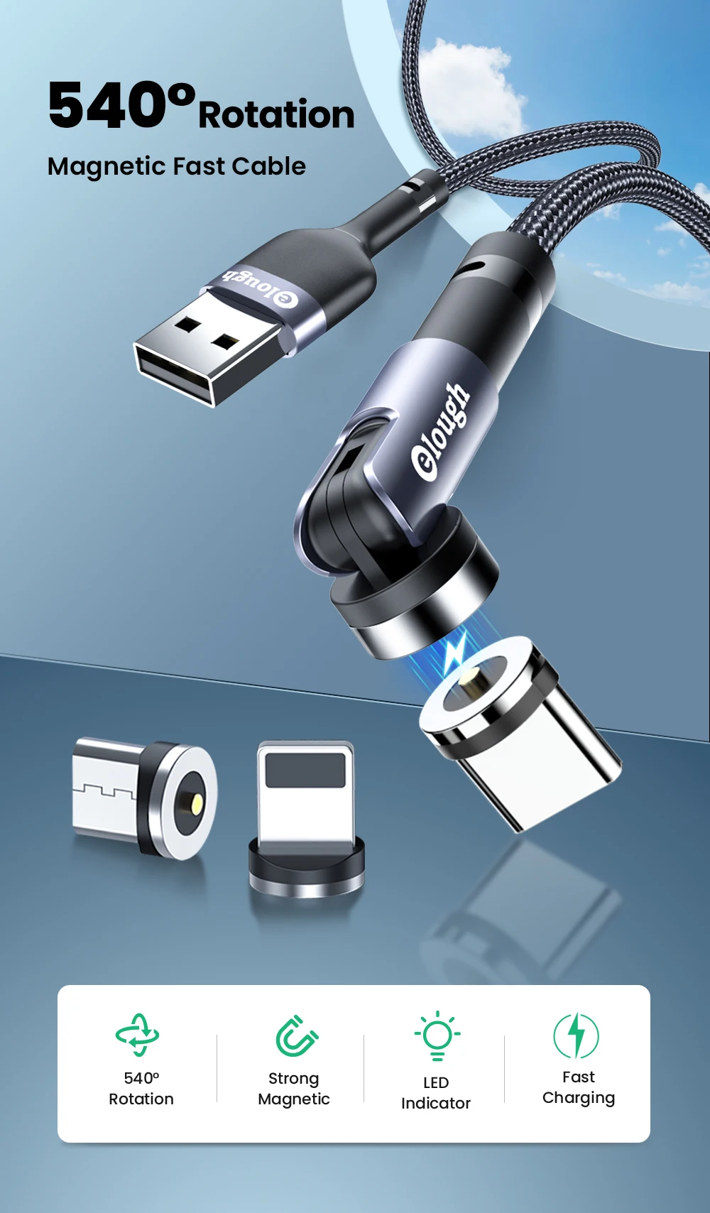 Elough 540 Rotate Magnetic Cable Fast Charging Magnet Charger Micro USB C Type C Cable For iPhone Xiaomi Mobile Phone Wire Cord