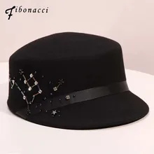 Фибоначчи, новинка, модные фетровые шляпы из шерсти, стразы, украшение для женщин, фетровая шляпа с плоским верхом, рыцарская шапка для верховой езды