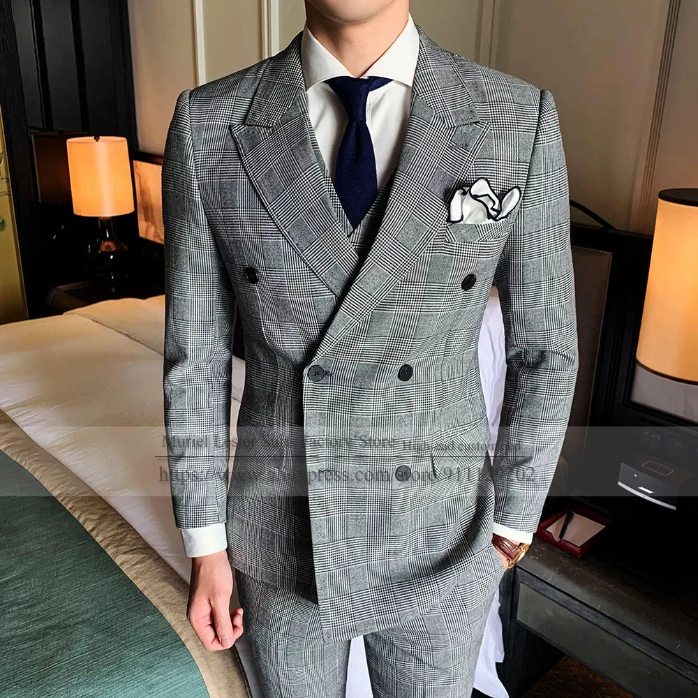 Traje de cuadros a rayas para hombre, con doble botonadura, Tweed, Houndstooth Wales de Al, con solapa, esmoquin entallado para novio, para boda, 3 piezas