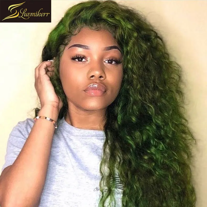 Перуанские зеленые цветные 13 × 6 волнистые человеческие волосы на кружеве, парики для черных женщин, влажные и волнистые фронтальные парики, предварительно выщипанные Детские волосы