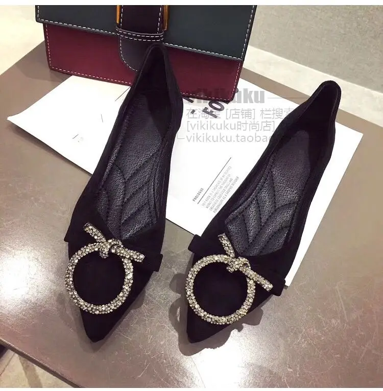 

SUOJIALUN Women Winter Fur Flat Shoes Fashion Bling Rhinestone Buckle Ballet Flat Shoes Slip on Round Toe Warm Loafers Shoes