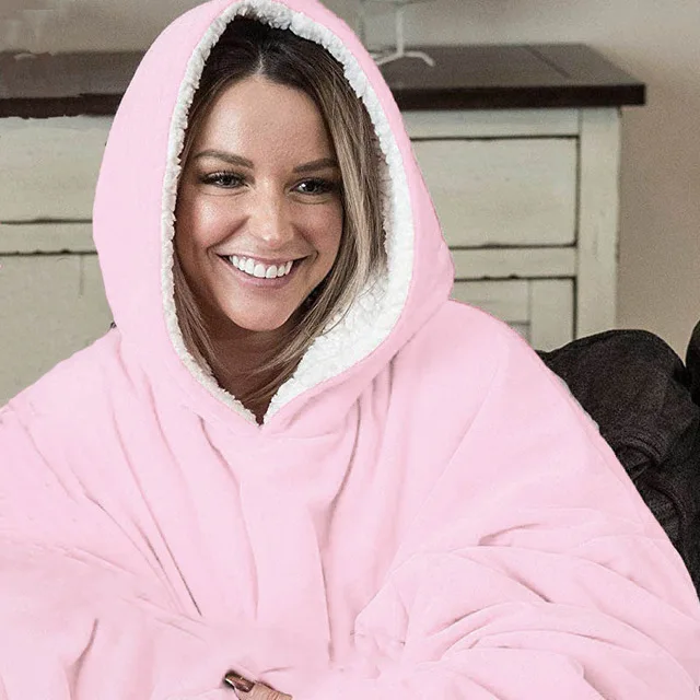 Микрофибра плюш для женщин и мужчин флис негабаритных балахон одеяло рукава теплый открытый карман Толстовка зима с капюшоном ТВ одеяло s - Цвет: Thicken Pink