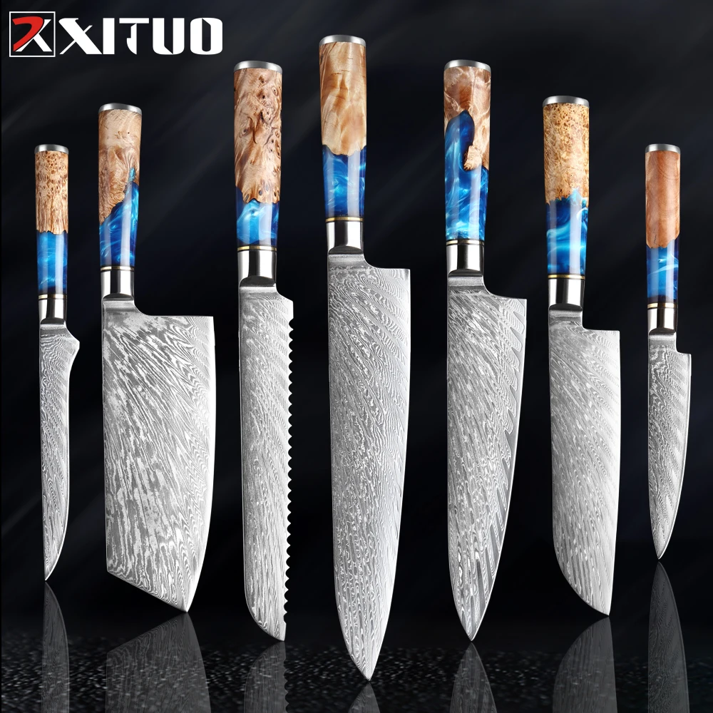 XITUO Kitchen Knives Set Damascus Steel VG10 Chef Knife Cleaver Paring 