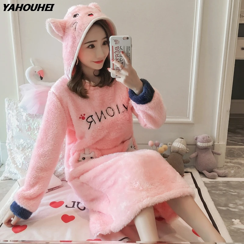 

2019 Winter Thick Warm Flannel Hooded Nightgown For Women Long Sleeve Coral Velvet Night Dress Cute Cartoon Sleepwear Nightdress