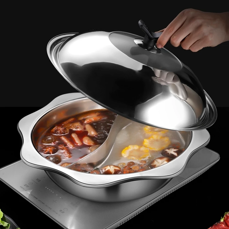 

Home Kitchen Stainless Steel Hot Pot Divided Gas Induction Cooker Mandarin Duck Hotpot Fondue Chinoise Big Shabu Chafing Dish