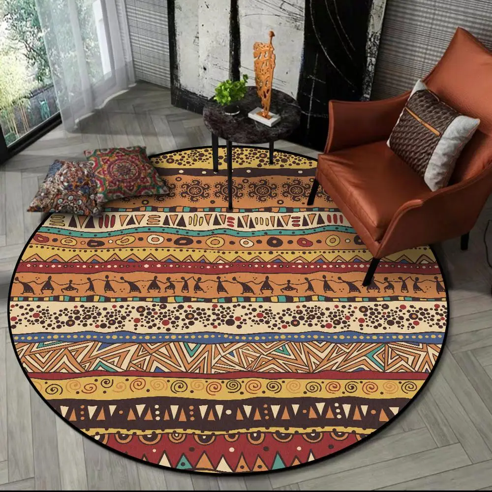 

Abstract Geometric tribe National style round carpet Wooden floor protection mat living room Non-slip circular plush floor mat