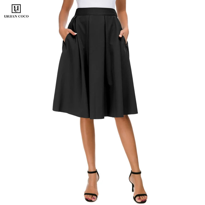 Городской CoCo Для женщин однотонные Цвет расклешенная трапециевидная юбка с карманами Высокая талия миди плиссированная юбка