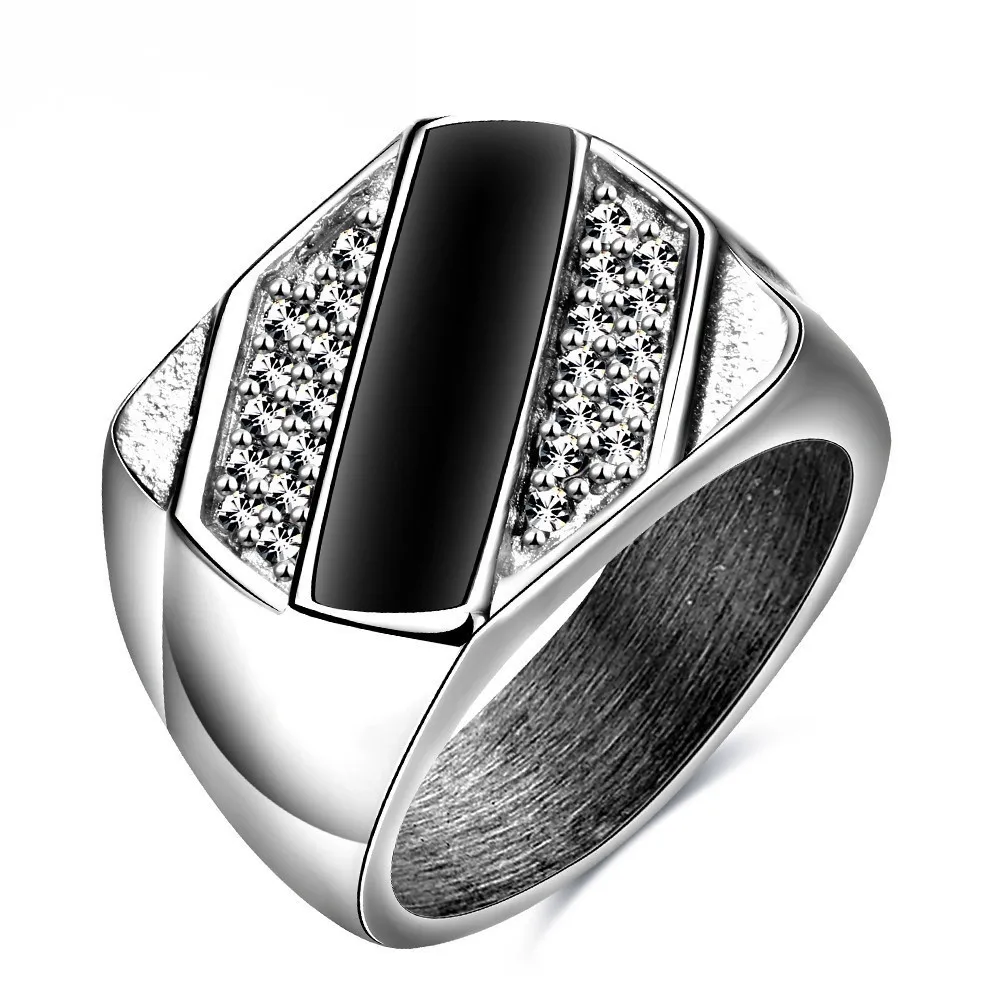 Silver Men Rings Black Enamel Mens Fashion Rings Size 9 Size Silver
