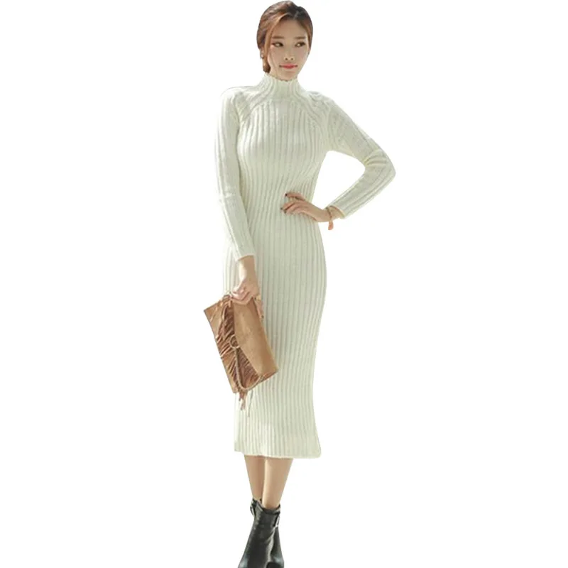 

Women Long Sweater Pullover Turtleneck Dress Casual Knitted Long Sleeve Solid Korean Autumn Winter Sweater Warm Under Dress New