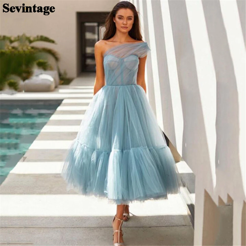 Faial agreement Incubus Sevintage Dusty Blue One Shoulder Short Prom Dresses Tiered Tea-length  Evening Gowns With Boning Wemen Formal Dress Custom Made - Prom Dresses -  AliExpress