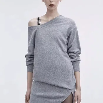 

New asymmetric off shoulder V neck zipper split hem wool knitted dress