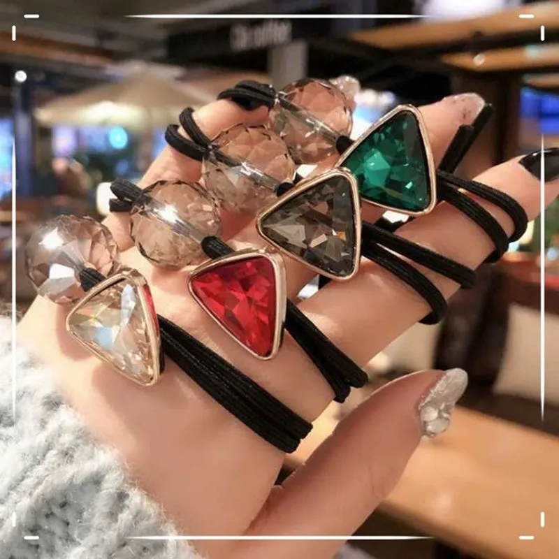 

1Pc Hot Sale Fancy Crystal Rubber Band Triangle Ball Charm Bead Elastic Hair Band For Women Korean Hair Rope For Girl