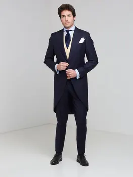 

Custom Made Navy Blue Men Suits Wedding Retro Tailcoat Vintage Best Men Blazer Handsome Groom Suit Men's Suits Formal 3 Piece