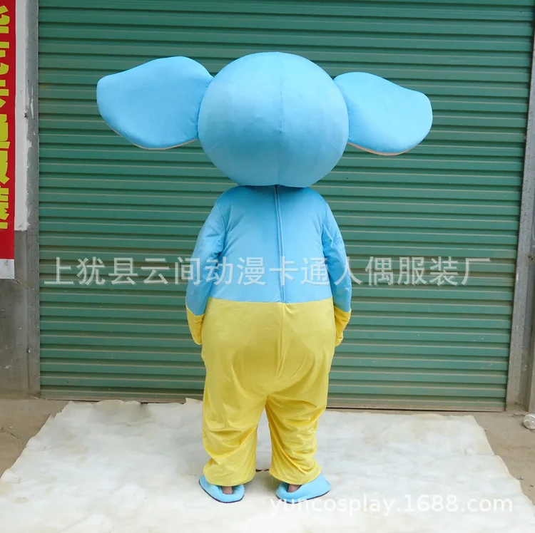 Синий слон Elephish талисман костюм персонажа мультфильма Mascotte взрослый улыбающееся лицо желтые перчатки Брюки