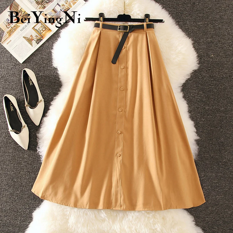 

Beiyingni Belt A Line Skirt Women Single-breasted Vintage Elastic High Waist Skirts Lady Korean Autumn Winter Retro Preppy Skirt