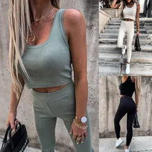 

WOMEN Sleeveless COTTON Pullover O-Neck Summer sport yoga two piece set women 2021