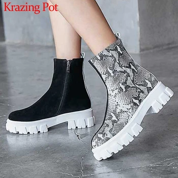 

Krazing Pot soft cow suede thick bottom waterproof mixed colors snake round toe winter women high fashion warm ankle boots L41