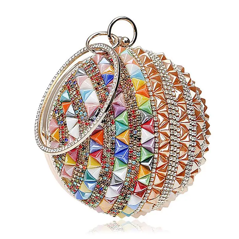 

Woman Round Ball Clutch Handbag Rhinestone Ring Handle Purse Evening Bag(Gold & color)