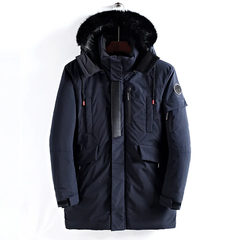 Новая зимняя мужская куртка средней длины, утепленная, плюс размер 3XL, верхняя одежда, стеганое пальто с капюшоном, тонкая парка, хлопковая стеганая куртка, пальто - Цвет: Тёмно-синий