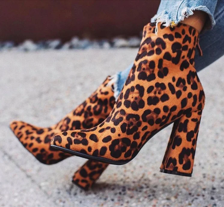 leopard print high heel ankle boots