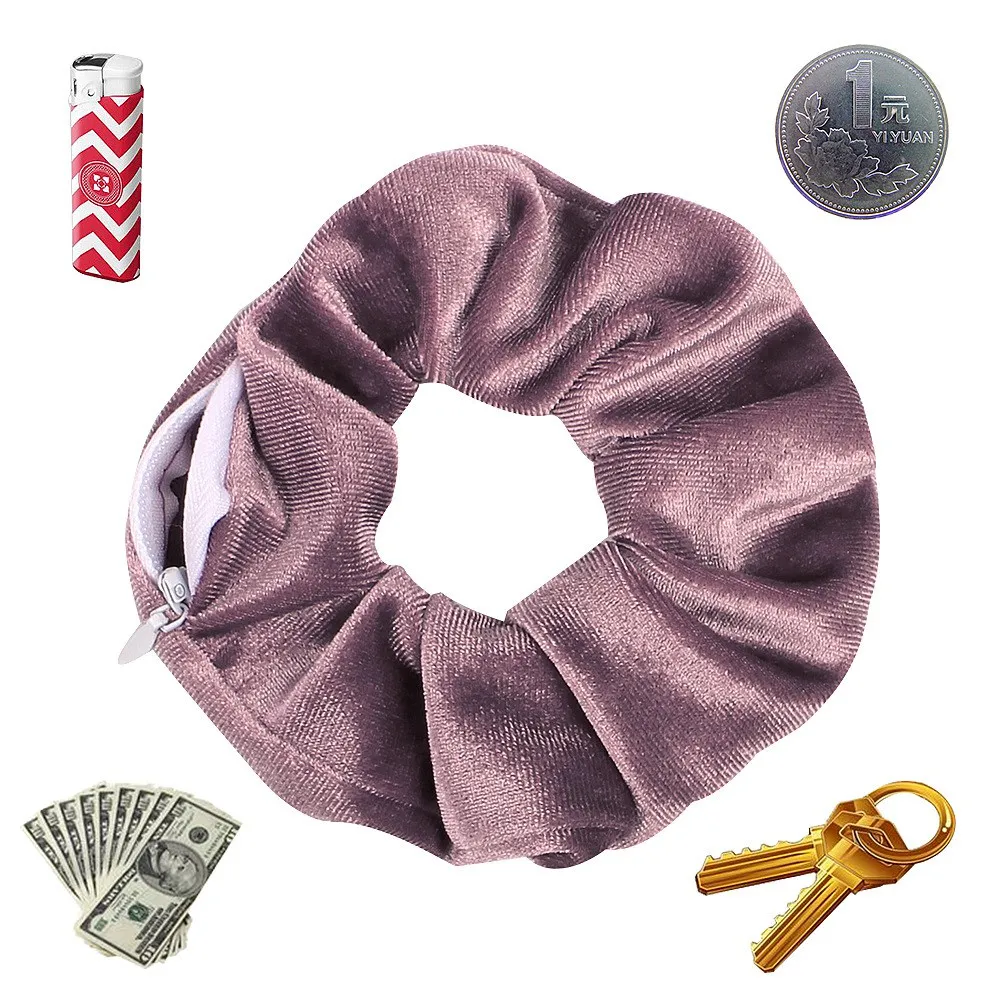 shein hair accessories 1PC Fashion New Velvet Tencel Pocket wallet Hair Scrunchies Retro Zipper Large Intestine Elastic Hair Band Hair Accessories Hot Hairclip